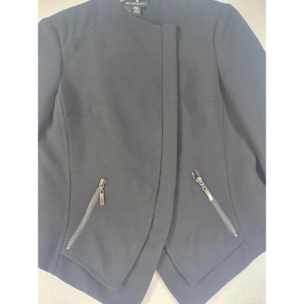 INC International Concepts Womens Black Asymmetrical Zip Cropped Blazer Jacket M